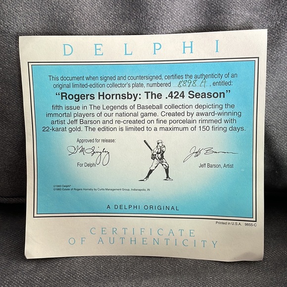 NWT.  Vintage Rogers Hornsby The .424 Season Series collectible plate. - Picture 6 of 8